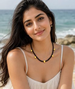 Black Onyx, Black Spinel & Natural Yellow Topaz Necklace – Unique Piece, 40 cm