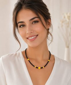 Handcrafted Black Spinel & Natural Yellow Topaz Necklace – 45 cm