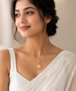 Visson Gold-Tone 316 Stainless Steel Necklace with Sun Pendant and White Rhinestones – 45 cm