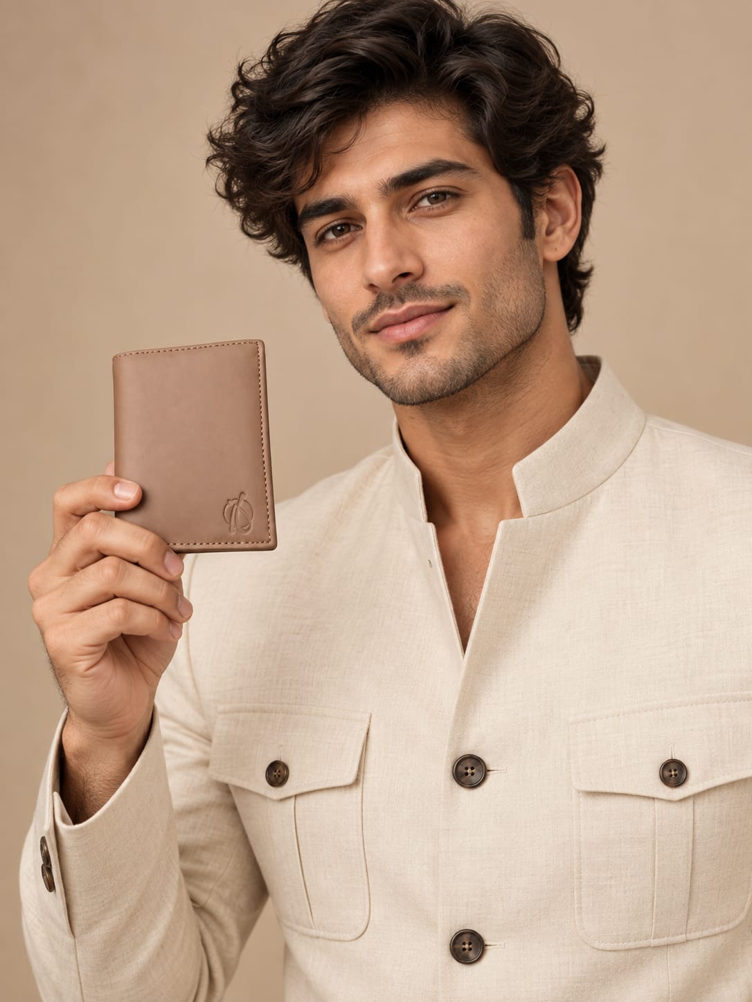 Genuine Leather Men's Wallet Man holding a genuine leather men's wallet