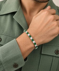 Unisex Stainless Steel Bracelet with Genuine Green & Clear Zircon Stones