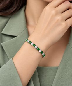 Unisex Stainless Steel Bracelet with Genuine Green & Clear Zircon Stones