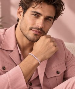 Unisex Stainless Steel Bracelet with Genuine Pink Zircon Stones