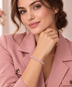 Unisex Stainless Steel Bracelet with Genuine Pink Zircon Stones