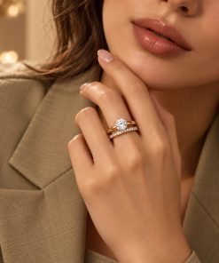 2-Piece Gold-Tone 304 Stainless Steel Bridal Ring Set – Sizes 8 & 9
