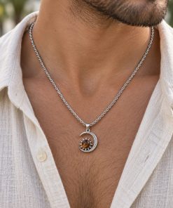 Unisex Sun & Moon Necklace with Tiger Eye Stone – Silver-Tone Steel