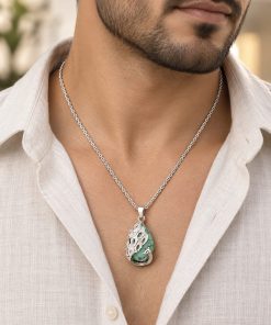 Peacock Pendant Necklace with Natural Turquoise Stone – Silver-Tone Steel
