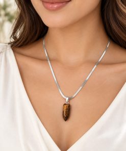 Tiger Eye Bullet Pendant Necklace – Silver-Tone Steel