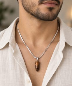 Tiger Eye Bullet Pendant Necklace – Silver-Tone Steel
