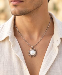 Sunburst Moonstone Pendant Necklace – Silver-Tone Steel