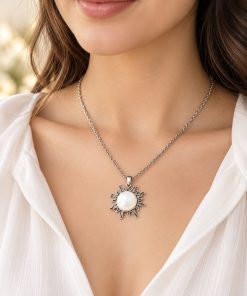 Sunburst Moonstone Pendant Necklace – Silver-Tone Steel