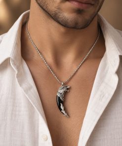 Black Onyx Dragon Fang Pendant Necklace – Silver-Tone Steel