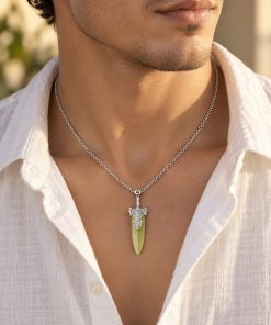 Green Jade Sword Pendant Necklace – Silver-Tone Steel