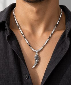 Engraved Fang Pendant Necklace – Silver-Tone Steel
