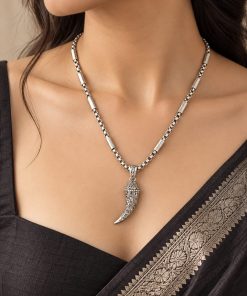 Engraved Fang Pendant Necklace – Silver-Tone Steel