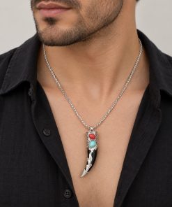 Decorative Fang Pendant Necklace – Silver-Tone Steel