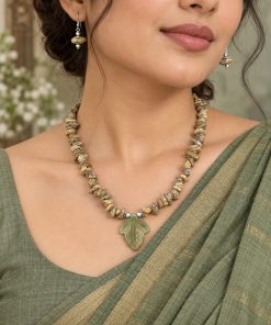 Handmade Picture Jasper Necklace with Green Agate Pendant + Free Earrings