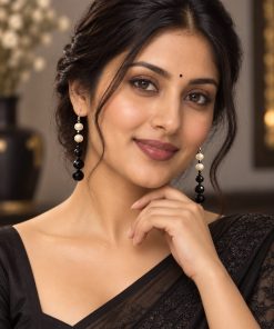 Handmade Black Spinel & Freshwater Pearl Long Earrings