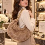 VALENTINO CREATIONS Soft Faux-Fur Shoulder Bag – Beige/Taupe Hobo Style | Chunky Gold-Tone Chain | Elegant & Fashionable