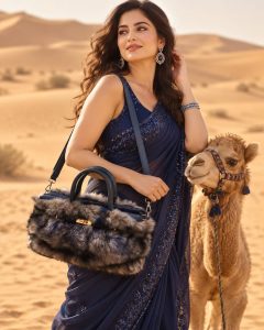 Luxury Blue & Grey Faux-Fur Women’s Handbag – Elegant Shoulder Bag | Blue Handles & Strap | Spacious Fashion Design