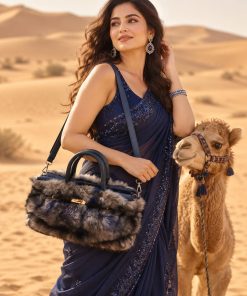 Luxury Blue & Grey Faux-Fur Women’s Handbag – Elegant Shoulder Bag | Blue Handles & Strap | Spacious Fashion Design