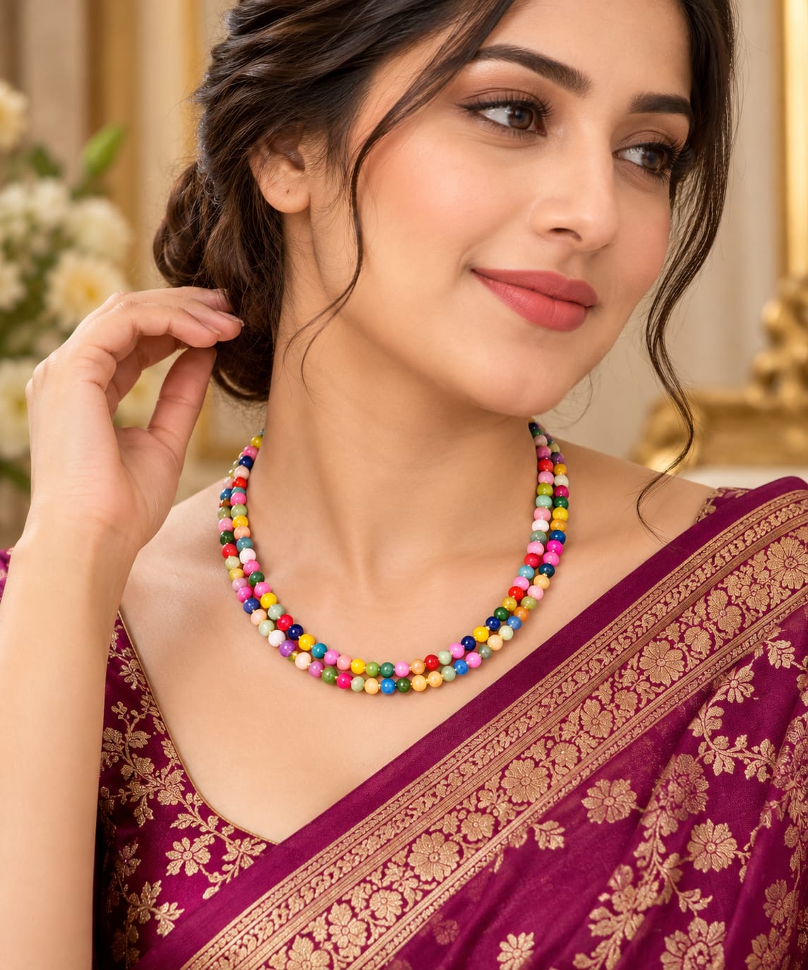 Double Strand Multicolor Necklace with Mixed Stones – Elegant & Colorful